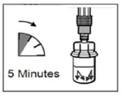 Diagramma medico con un cronometro che indica 5 minuti e un contenitore con frecce rivolte verso il basso per indicare il tempo di attesa