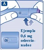 Due mani tengono una penna iniettiva blu con indicazione del dosaggio 0,6 mg selezionato e frecce che indicano il movimento di rotazione