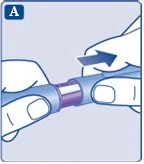 Due mani tengono un dispositivo medico cilindrico blu e una freccia scura indica il movimento di scorrimento verso destra