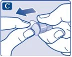 Due mani tengono e ruotano un piccolo dispositivo medico bianco verso sinistra indicato da una freccia blu su sfondo azzurro