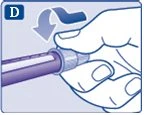 Una mano impugna un dispositivo medico e ruota la parte superiore verso il basso seguendo la direzione indicata da una freccia curva blu