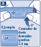 Illustrazione di una penna iniettiva tenuta da due mani con freccia che indica il movimento e un riquadro che mostra il dosaggio residuo di 2,4 mg