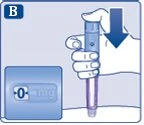 Illustrazione di una mano che impugna una penna iniقtrice con una freccia blu rivolta verso il basso e un dettaglio che mostra il dosaggio di 0 mg