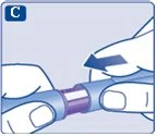 Due mani tengono un dispositivo medico cilindrico blu e bianco mentre una freccia blu indica il movimento di scorrimento verso sinistra