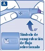 Due mani tengono una penna iniettiva blu con indicatore di dosaggio e una freccia curva che punta verso il simbolo di controllo del flusso selezionato