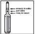 Technical diagram of a medical vial with arrows indicating the cap, insertion point, and body of the container