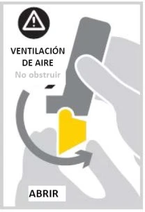 Diagramma con avviso di pericolo che mostra una mano che ruota la parte gialla di un dispositivo medico con una freccia curva e la scritta ABRIR