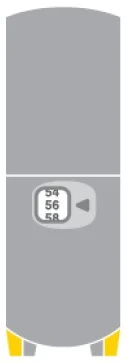Dispositivo medico grigio con display digitale che mostra i numeri 54, 56 e 58 accanto a una freccia rivolta verso sinistra e dettagli gialli alla base