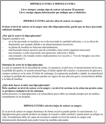 Medical text in Spanish on hyperglycemia and hypoglycemia with explanations of causes, symptoms, actions to take, and health risks