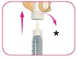 A hand rotates and lifts the white cap of a medical device with pink arrows indicating the upward movement
