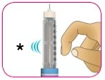 A hand holds a transparent syringe vertically with a black asterisk and two blue curved lines on the left side