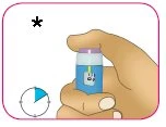 A hand holds a blue and white vial next to a clock indicating the passage of time and a black asterisk in the upper left corner