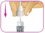 A hand holds a white vial and lowers it toward another container with a pink arrow pointing downward