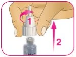 A hand rotates the white cap of a vial indicated by the number 1 and lifts it upward