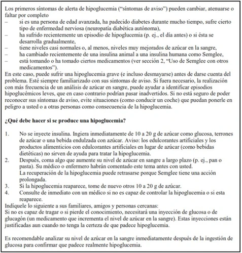 Spanish text on hypoglycemia with instructions on symptoms, actions to take, and sugar dosages to administer in case of medical emergency