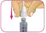 A hand holds a white vial with a pink arrow pointing downward, indicating the closing motion on the graduated glass vial