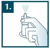 Una mano tiene verticalmente un flacone spray con il numero 1 in alto a sinistra e piccoli puntini che escono dall'erogatore superiore