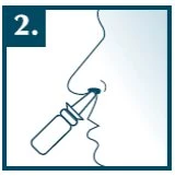 Profilo di un volto umano che inserisce il beccuccio di un flacone spray direttamente all'interno di una narice con il numero 2 in alto a sinistra