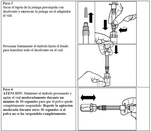Medical diagram with Spanish instructions and drawings showing how to unscrew the cap, screw on the syringe, and press the plunger