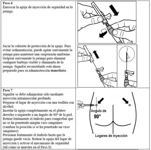 Medical diagram with Spanish instructions and drawings showing how to screw on the syringe