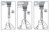 Three sequential diagrams showing the movement of a syringe with arrows indicating downward pressure, toward the