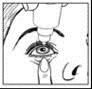 Black and white drawing of an eye with a drop of liquid falling from the lower eyelid downward