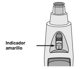 Disegno tecnico di un dispositivo medico con una freccia nera che punta verso un indicatore giallo situato in una finestra centrale del corpo del dispositivo