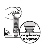 Una mano impugna un dispositivo medico verticale posizionato a 90 gradi su una superficie con un dettaglio ingrandito del manicotto di sicurezza