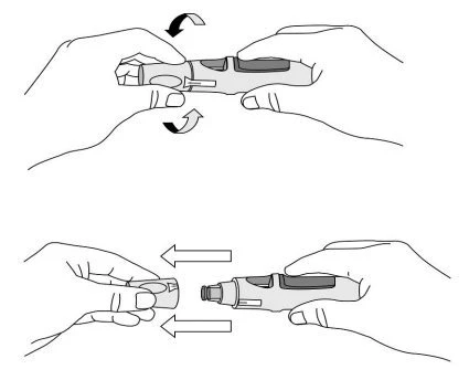 Technical drawing showing two hands rotating a medical device and a