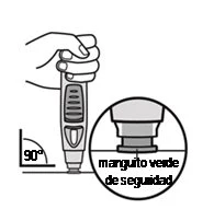A hand holding a medical device positioned vertically at 90 degrees, with an inset showing a green safety sleeve