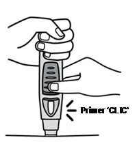 Two hands holding a cylindrical medical device with a finger pressing a button while an audible click is heard near the lower tip