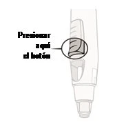 Technical drawing of an injection pen with an arrow pointing to the side button labeled in Spanish 'Presionar aquí el botón'