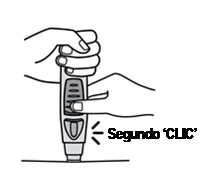 Two hands holding a cylindrical medical device, pressing a side button while a second mechanical click is heard at the bottom