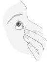 Stylized illustration of a hand applying a drop of liquid into the eye