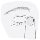 Line drawing of a closed eye with a finger gently pressing on the lower eyelid to apply medication