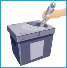 Una mano impugna un dispositivo medico grigio e giallo per inserirlo in un contenitore di smaltimento per rifiuti taglienti di colore viola e grigio