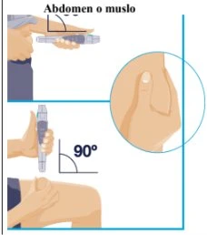 Diagramma medico che mostra l'iniezione con penna nell'addome o coscia a 45 gradi e l'iniezione perpendicolare a 90 gradi sulla pelle