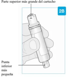 Technical drawing of a hand holding a medical device with indications on the larger upper part and smaller lower tip