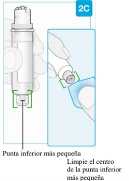 Medical illustration showing a hand holding a white injector device with instructions to clean the smaller lower tip