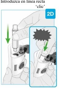 Medical illustration showing two hands inserting an injector pen straight until a mechanical click is felt