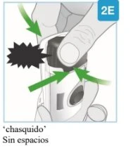 A hand holding a white medical device with two green arrows indicating thumb pressure on the upper button