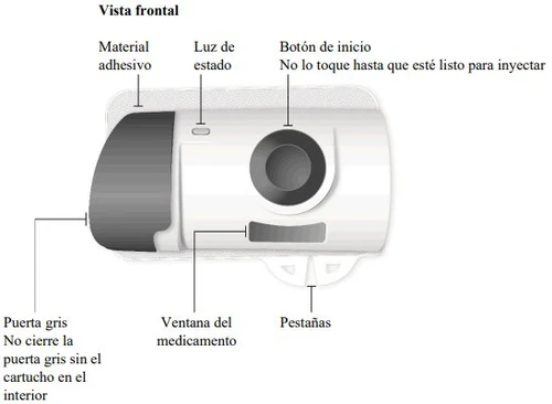 White medical device with adhesive material, status light, start button, drug window, and grey plastic wings