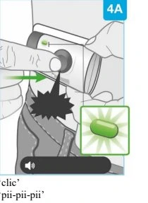 Two hands gripping a white medical device and a finger pressing a button with a green insert and a