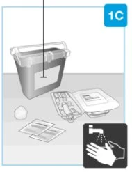 Medical illustration showing container, vials, instruction leaflets, and a black box displaying hands under a tap for handwashing