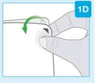 A hand pressing the edge of a medical device onto the skin with a curved green arrow indicating downward rotational movement