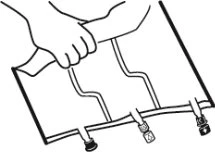 Black and white drawing of a hand holding a medical device connected to three flexible tubes with valved ends