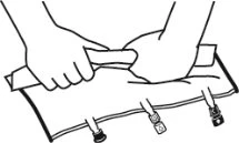 Two hands holding and opening a rectangular container with four pull tabs positioned along the bottom edge