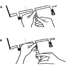 Two-part technical drawing showing two hands operating a medical device with a syringe and tubes connected to a horizontal support