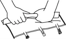 Two hands firmly opening a medication package secured with three small closure ties along the lower edge