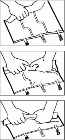 Tre disegni lineari mostrano mani che aprono e srotolano un involucro di plastica protettivo per estrarre un dispositivo medico interno